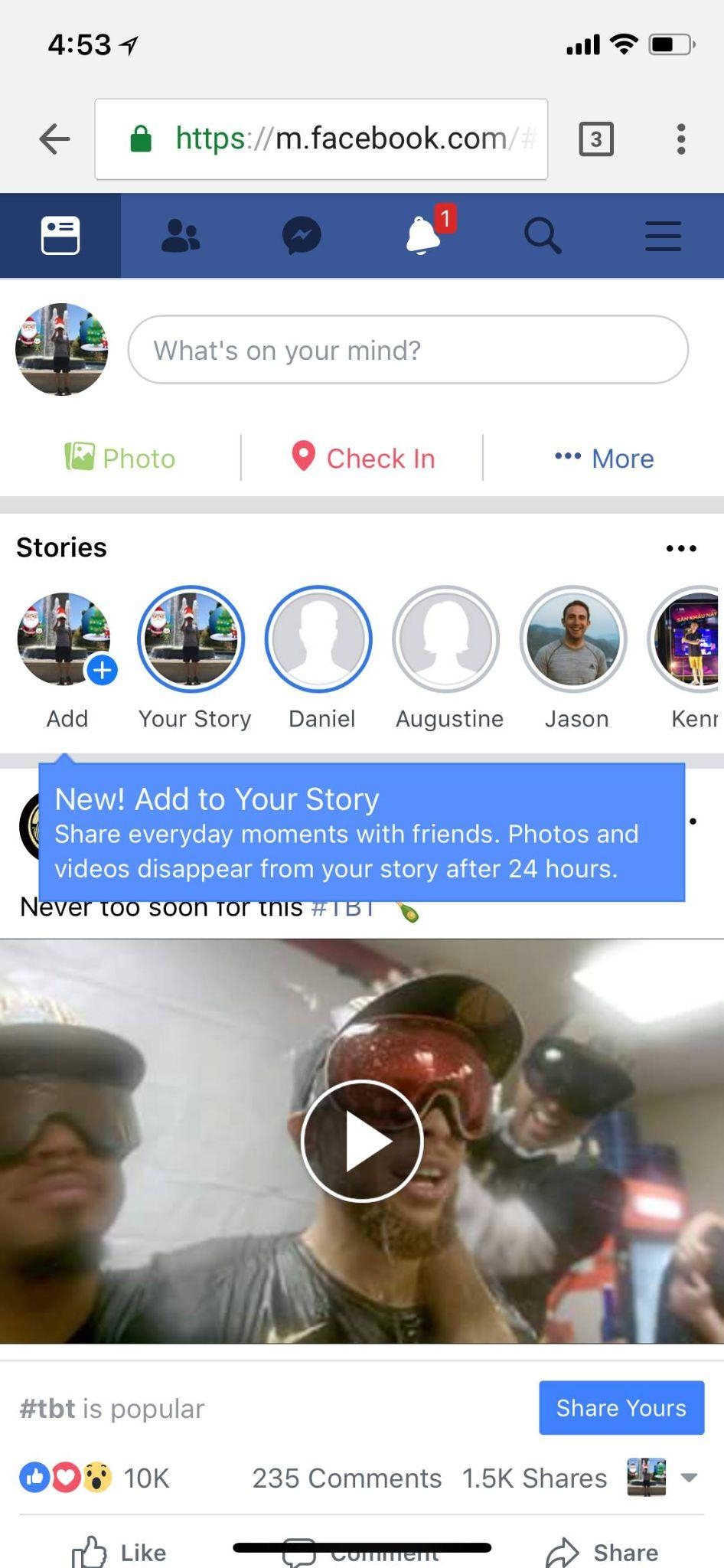 Facebook Stories on mobile web: sharing entry point